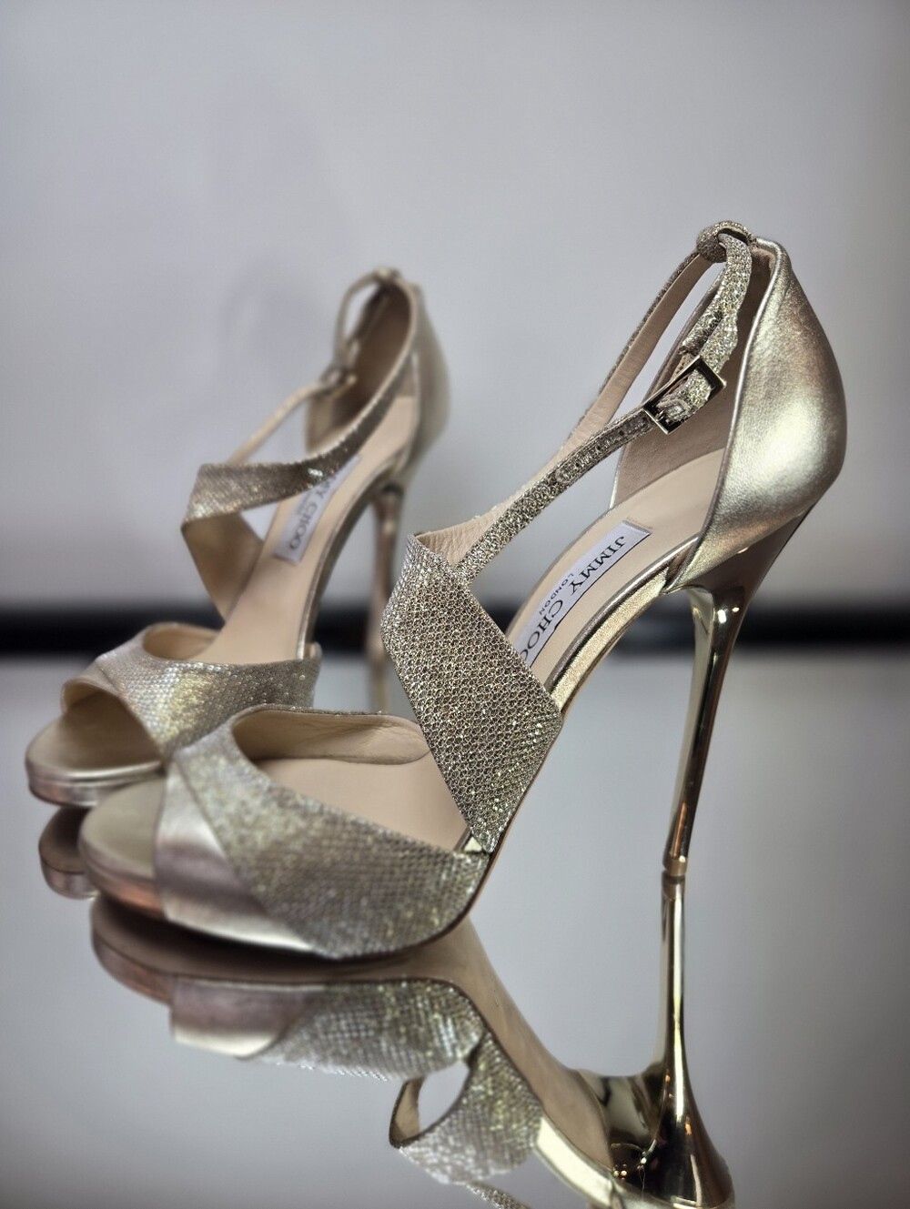 Jimmy Choo Tyne 120 Metallic Glitter Sandals Stiletto Heels Gold Asymetrical